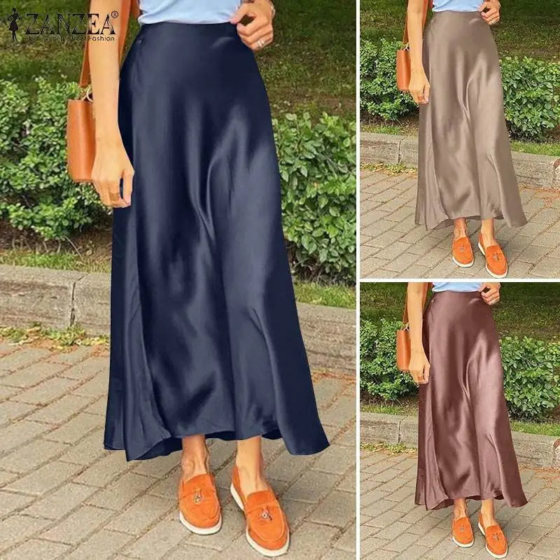 ZANZEA Woman Spring Autumn Satin Silk Skirt Work OL Back Zipper Faldas Saia Jupe Elegant Casual Party Solid Sundress 2023