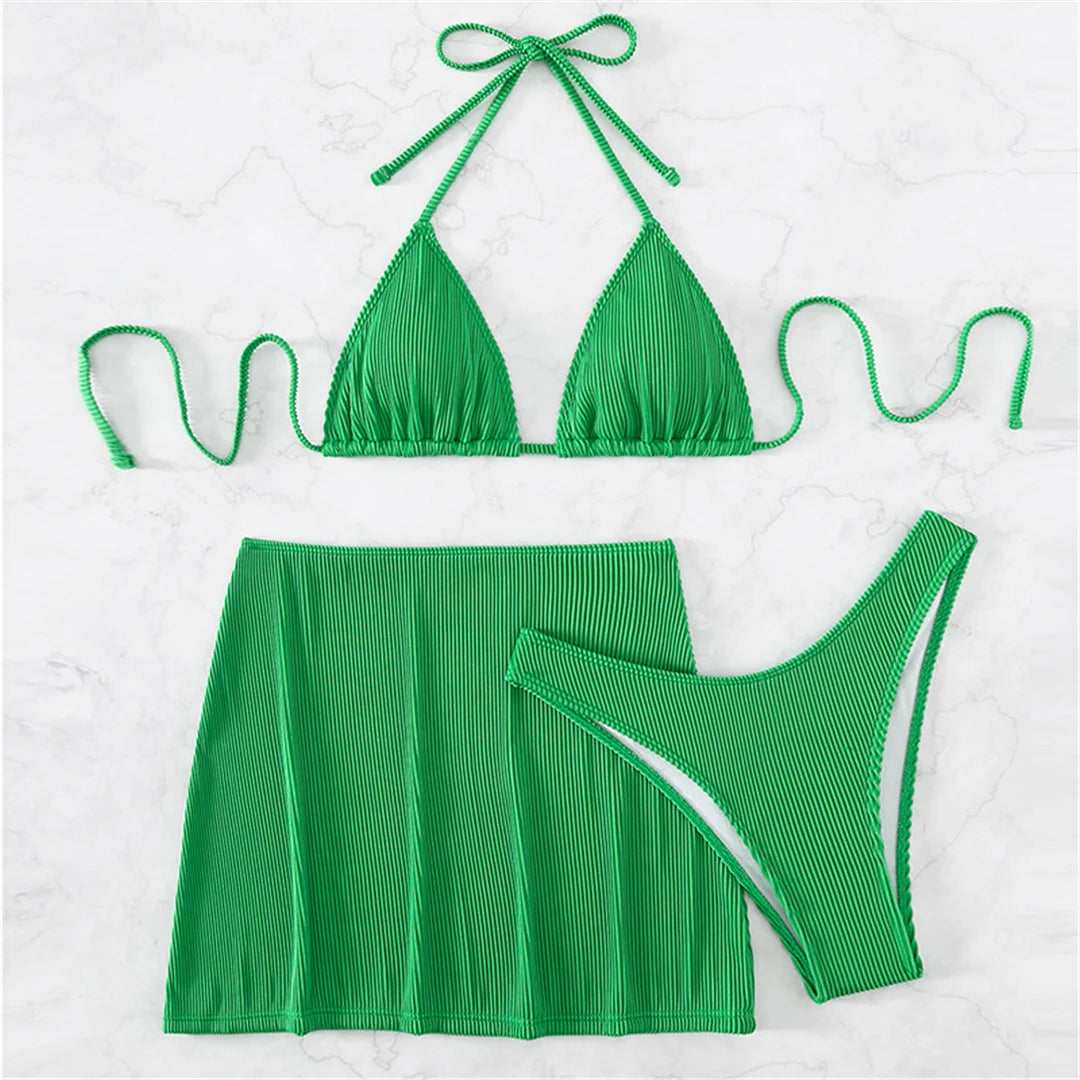 S - XL New With Skirt Ribbed Halter Bikini Female Swimsuit Women Swimwear Three-pieces Bikini set Bather Bathing Suit Swim V4351