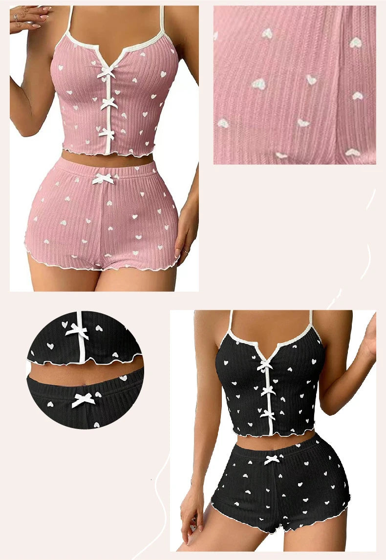 Sexy women's cute sleepwear new heart-shaped printed lettuce border bow vest and shorts Pj set soft sleepwear