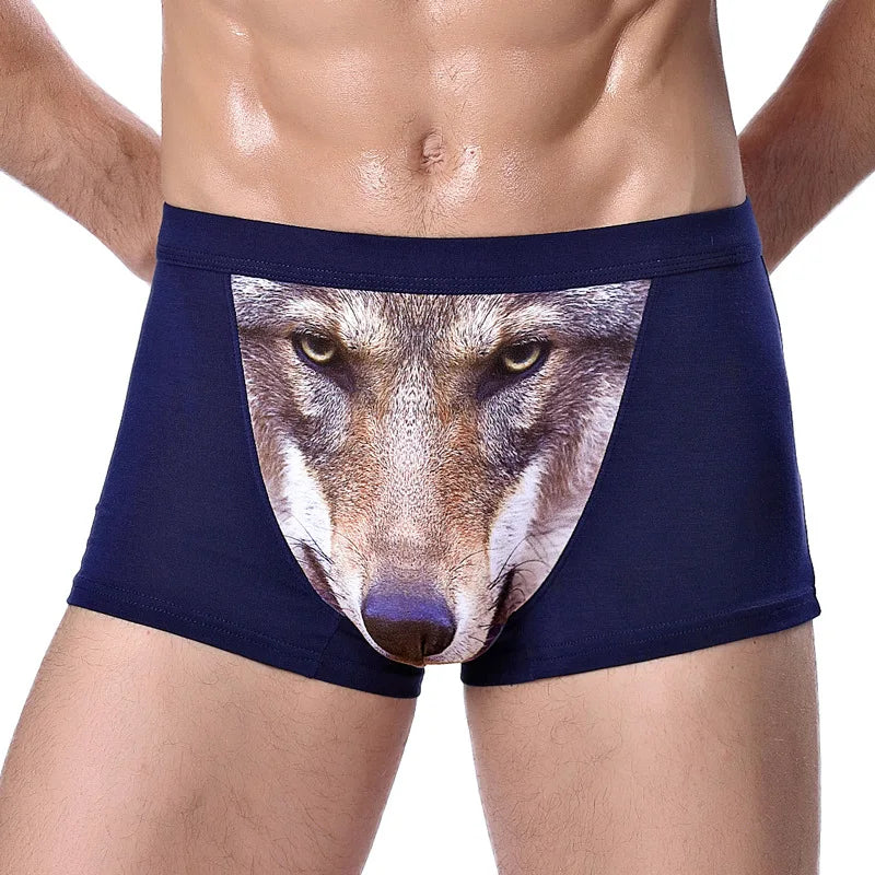 L-7XL Men's 3D Personality Panties Creative Wolf Head Animal Print Modal Underpants Mid-waist Breathable Boxer Shorts