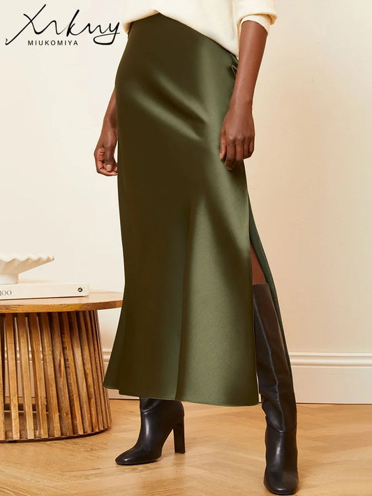 Long Satin Skirts For Women Summer High Quality Skirt With Slit On The Side Silk Elegant Black Maxi Luxury Women's Skirts 2024