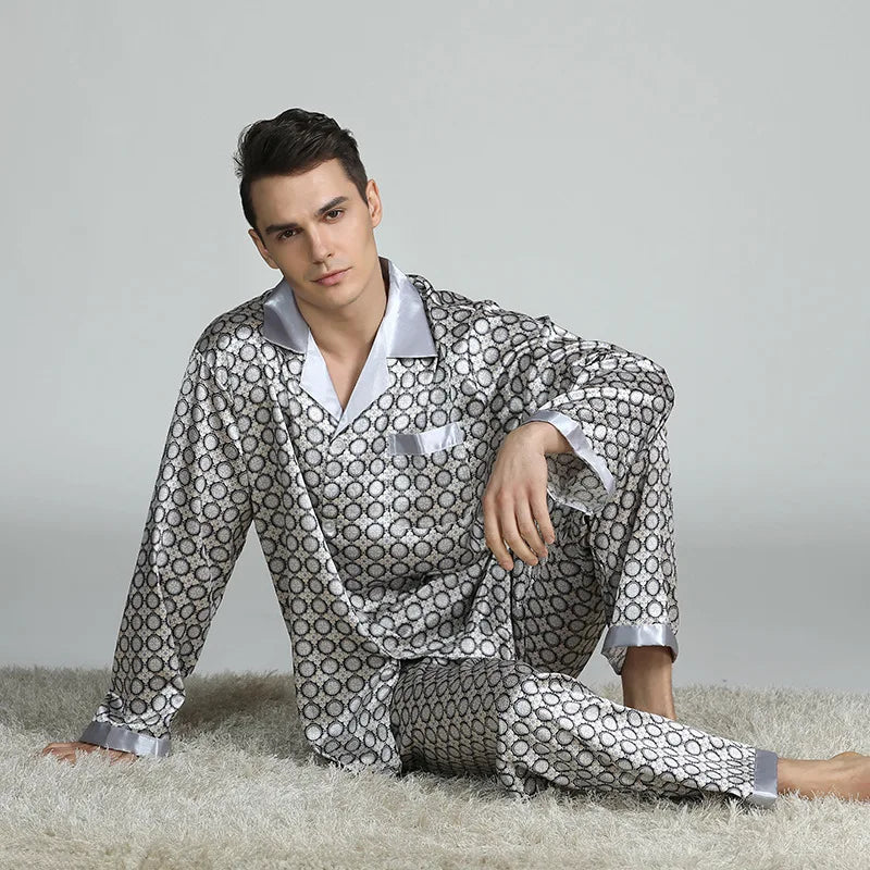 PLUS SIZE Men's Pajamas 2PCS Sleepwear Set Spring Autumn Long Sleeve Trouser Pijamas Suit Loose Print Silk Satin Lounge Wear