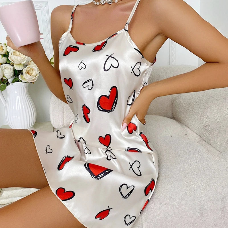 Sexy Sleepwear For Women Satin Lingerie Chemise Slip Nightgown Short Dress Sleep shirt Babydoll Pajamas Print Homewear Pijama