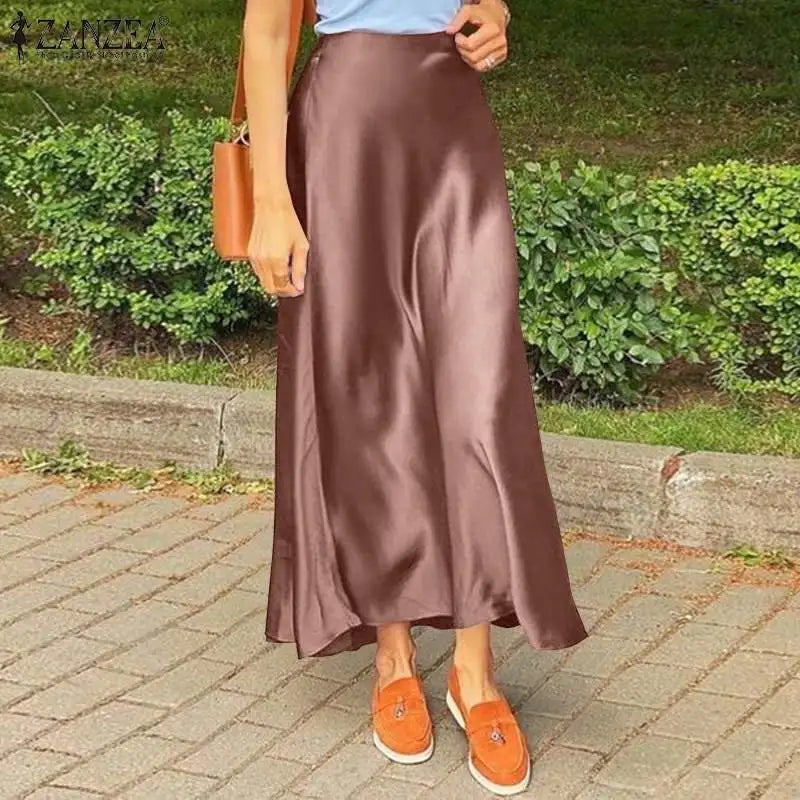 ZANZEA Woman Spring Autumn Satin Silk Skirt Work OL Back Zipper Faldas Saia Jupe Elegant Casual Party Solid Sundress 2023