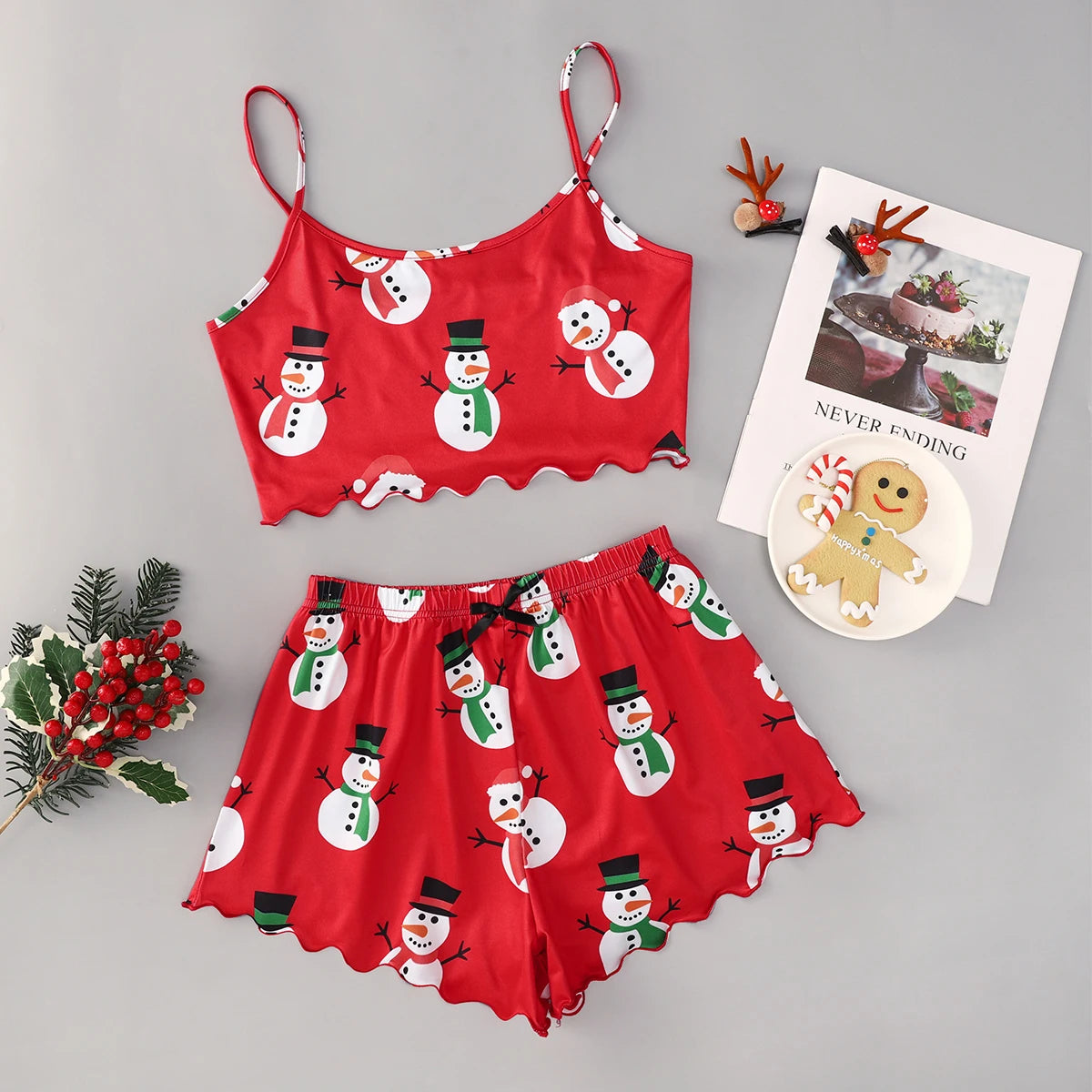 Women's 2pcs Cute Soft Comfy Christmas Set Cartoon  Print Strap Top Santa Claus Shorts Home Suit Sexy Pajamas