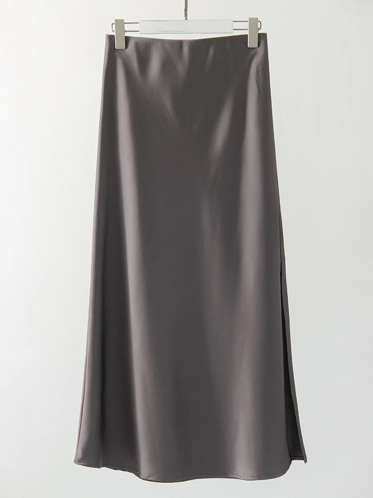 Long Satin Skirts For Women Summer High Quality Skirt With Slit On The Side Silk Elegant Black Maxi Luxury Women's Skirts 2024