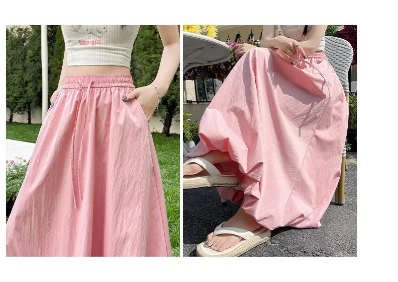 Solid Color Casual Long Skirt For Women 2024 Summer Fashion Women's Bubble Skirt Female Korean High Waist Elastic A-Line Skirt