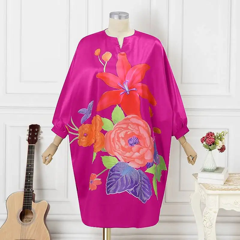 Plus Size 5XL VONDA Women Bohemian Sundress 2025 Autumn Floral Printed Elegant Midi Dress 3/4 Bat Sleeve Casual Loose Retro Robe