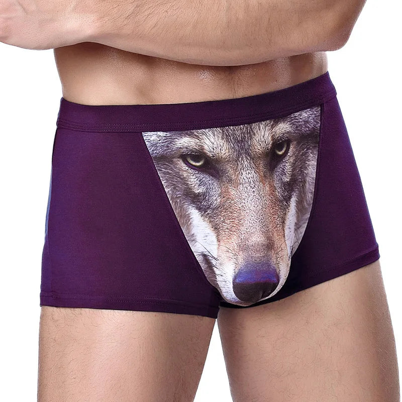 L-7XL Men's 3D Personality Panties Creative Wolf Head Animal Print Modal Underpants Mid-waist Breathable Boxer Shorts