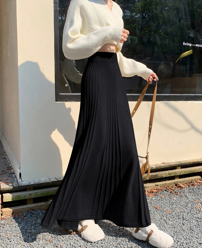 MEXZT Elegant Knitted Midi Skirt Women Fashion High Waist Black Pleated Skirts Fall Winter Ladies Korean Slim A Line Skirt New