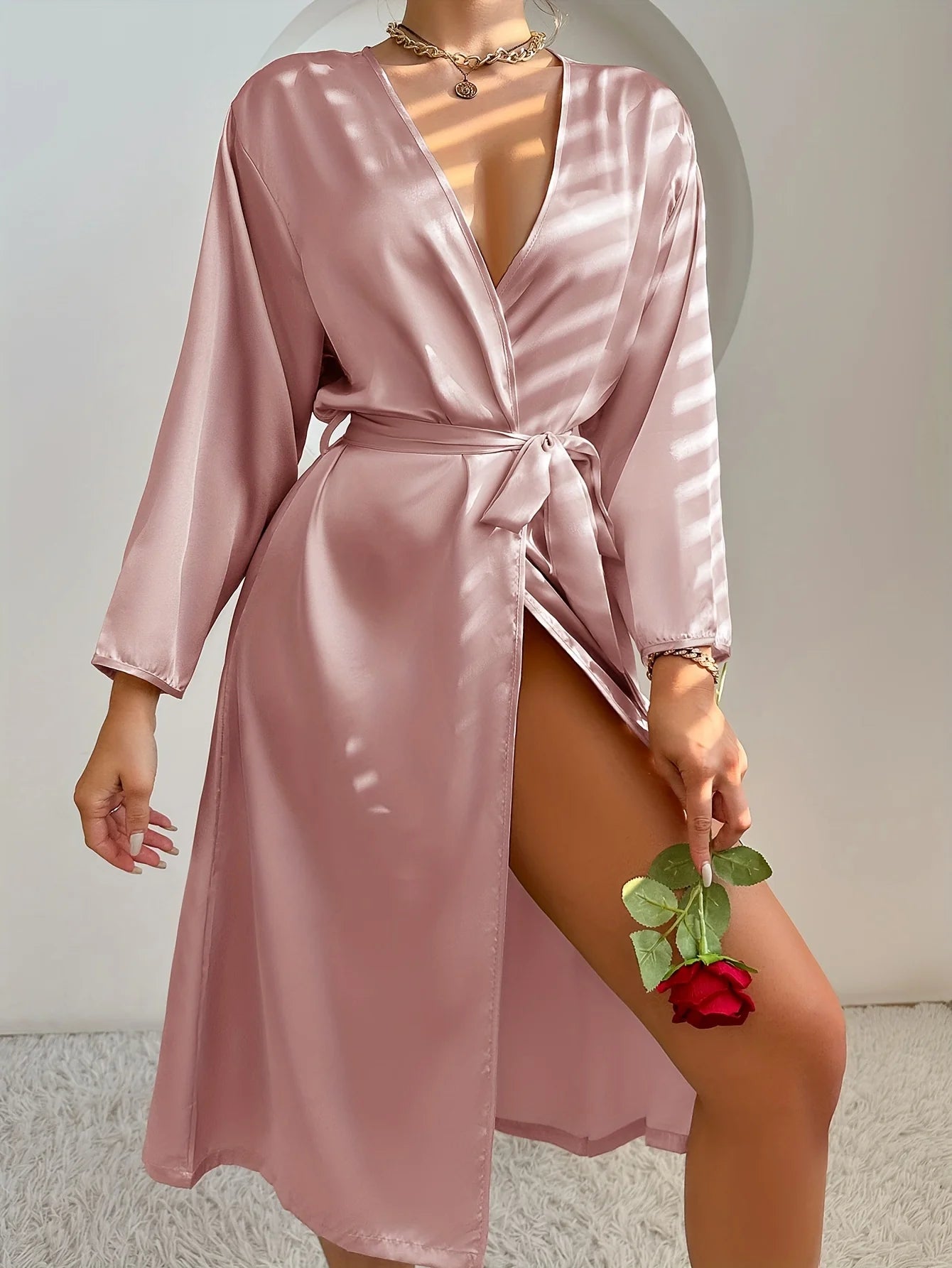 1 Piece of Women's Pure Color Satin Silk Pajamas, Elegant and Romantic Nightgown with Belt, Silky and Comfortable Bathrobe