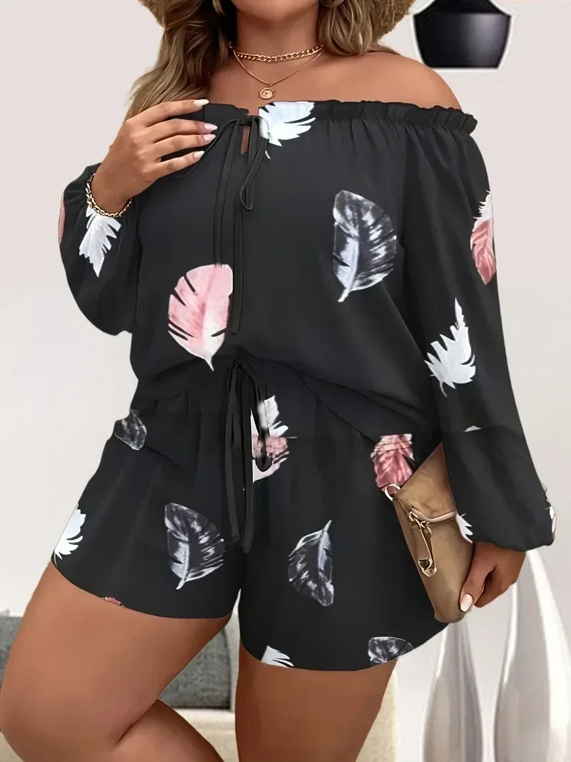 Plus Size 1XL-5XL Feather Print Two-piece Set Off Shoulder Lace Up Top & Shorts Outfits Women's Plus Size Clothing