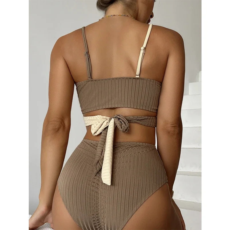 2-piece High Waist Swimsuit Women,2024 Patchwork,cross V-neck Bikini,suspender Backless Swimwear,lace-up,Adjustable Strap,summer