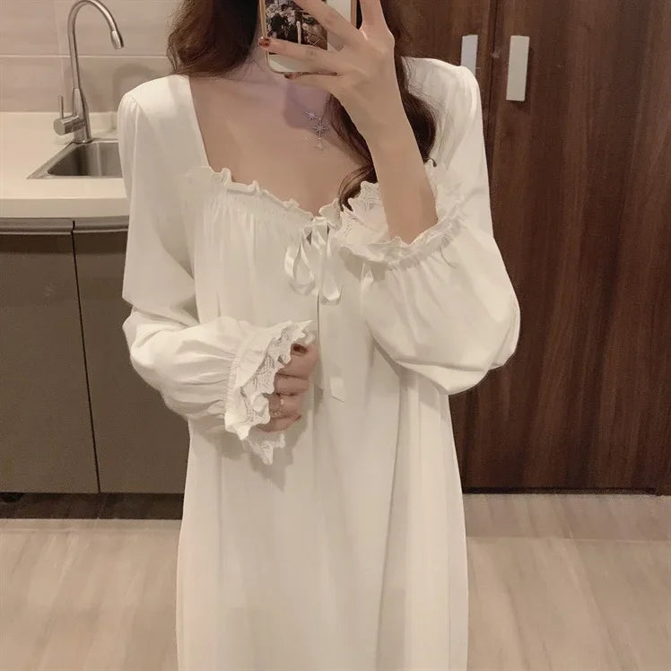 Long-Sleeved Princess Style Nightgown Women's Pajamas Lace Court Style Loose Large Size 2024 New Home Wear