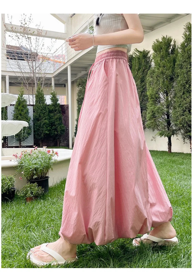 Solid Color Casual Long Skirt For Women 2024 Summer Fashion Women's Bubble Skirt Female Korean High Waist Elastic A-Line Skirt