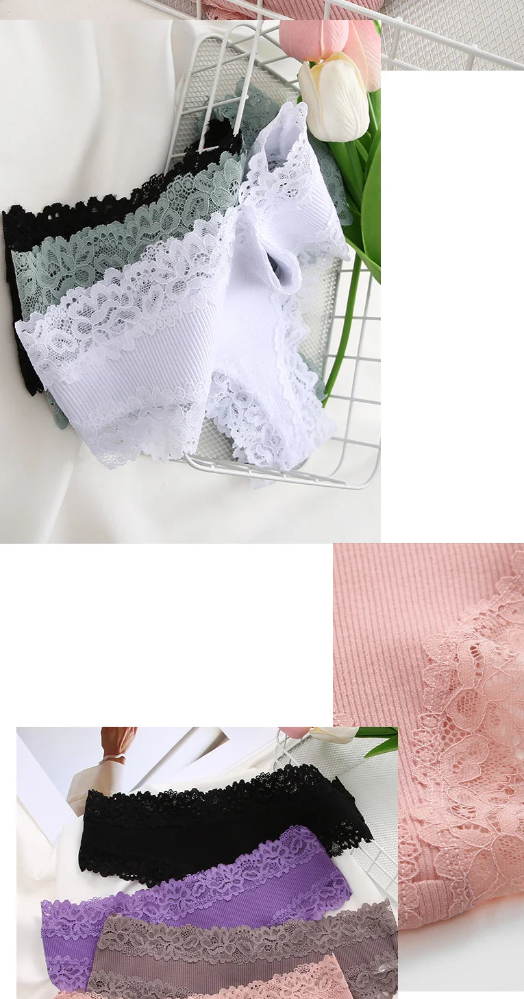 3PCS Lace Seamless Cotton Panties Ribbed Brazilian Pants Low Waist Women Panties Breathable Girls Underwear Plus Size Lingerie