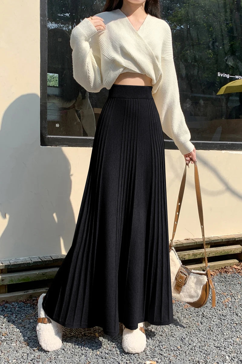 MEXZT Elegant Knitted Midi Skirt Women Fashion High Waist Black Pleated Skirts Fall Winter Ladies Korean Slim A Line Skirt New