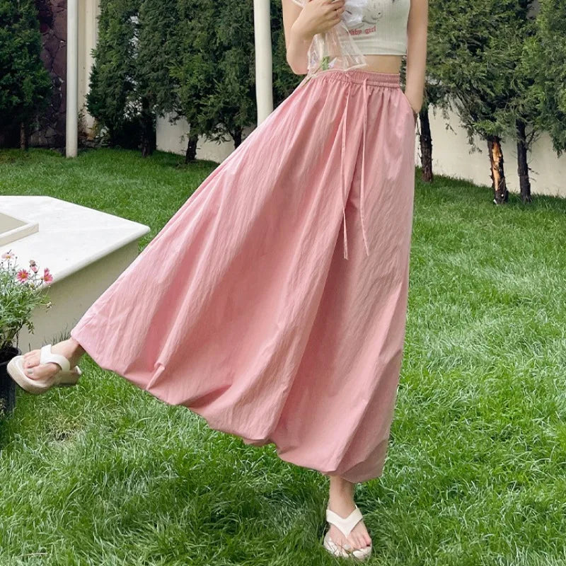 Solid Color Casual Long Skirt For Women 2024 Summer Fashion Women's Bubble Skirt Female Korean High Waist Elastic A-Line Skirt