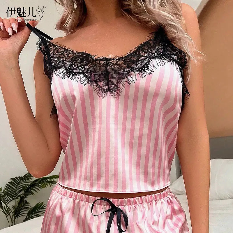 Two Piece Women's V-Neck Sexy Lace Suspender Pajama Shorts Set Casual Women's Sleeveless Sexy Pajama Set