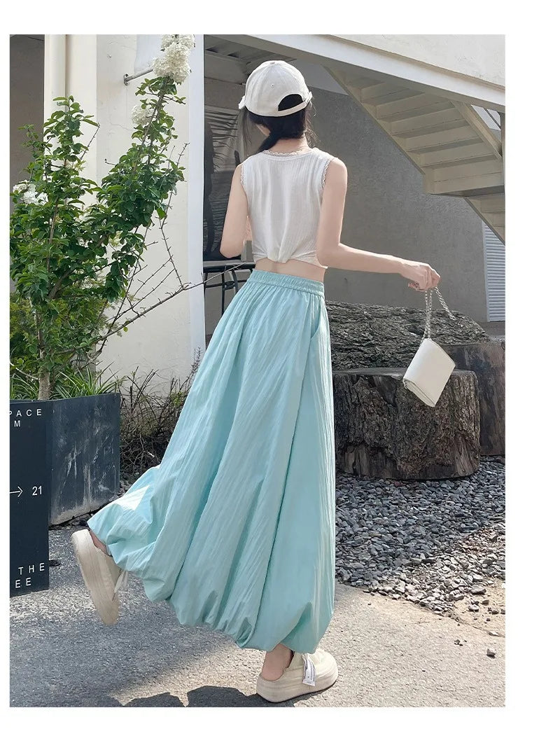 Solid Color Casual Long Skirt For Women 2024 Summer Fashion Women's Bubble Skirt Female Korean High Waist Elastic A-Line Skirt