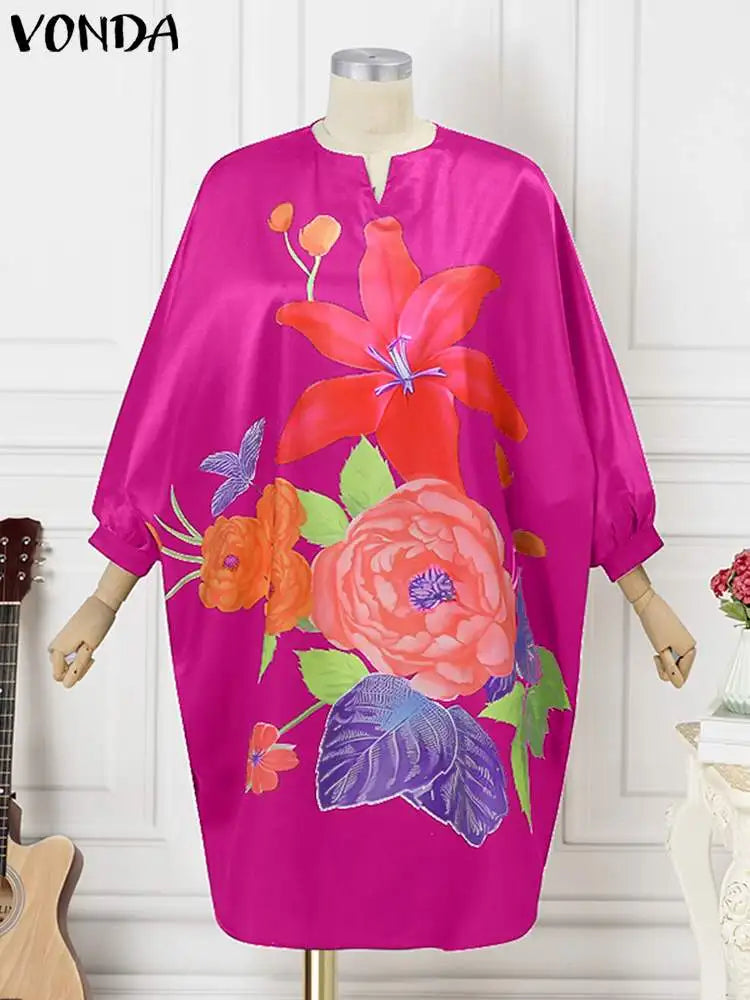 Plus Size 5XL VONDA Women Bohemian Sundress 2025 Autumn Floral Printed Elegant Midi Dress 3/4 Bat Sleeve Casual Loose Retro Robe