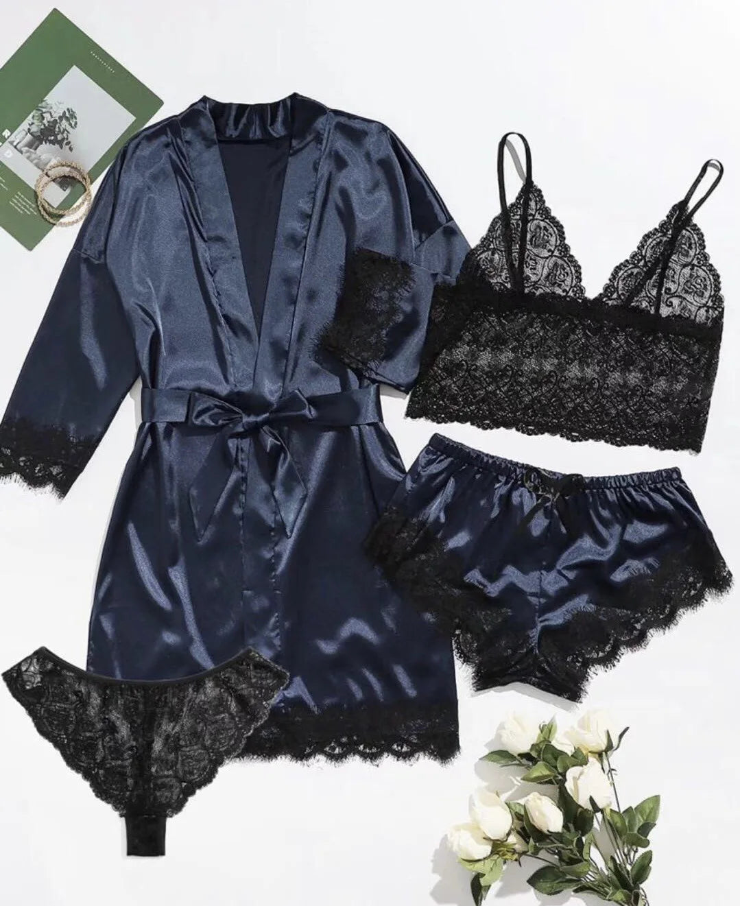 new Women's Sleep Lounge New Pajama Sets European American 4-piece set with lace satin suspender summer set for sleeping pajamas