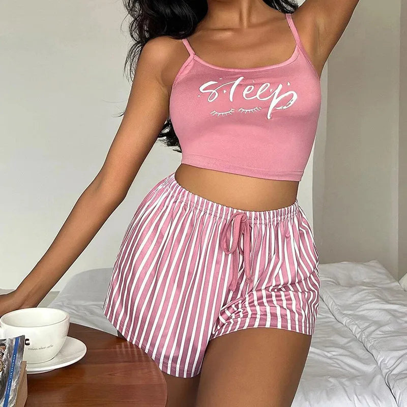 Women Y2K Shorts Set Pajamas Set Crop Cami Top Bodycon Striped Shorts Lounge Summer 2Pcs Outfit Sets Girls Sleepwear Pajamas Set