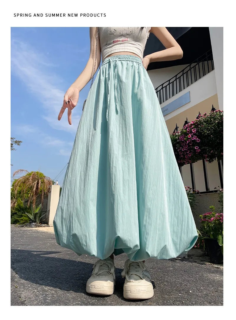 Solid Color Casual Long Skirt For Women 2024 Summer Fashion Women's Bubble Skirt Female Korean High Waist Elastic A-Line Skirt