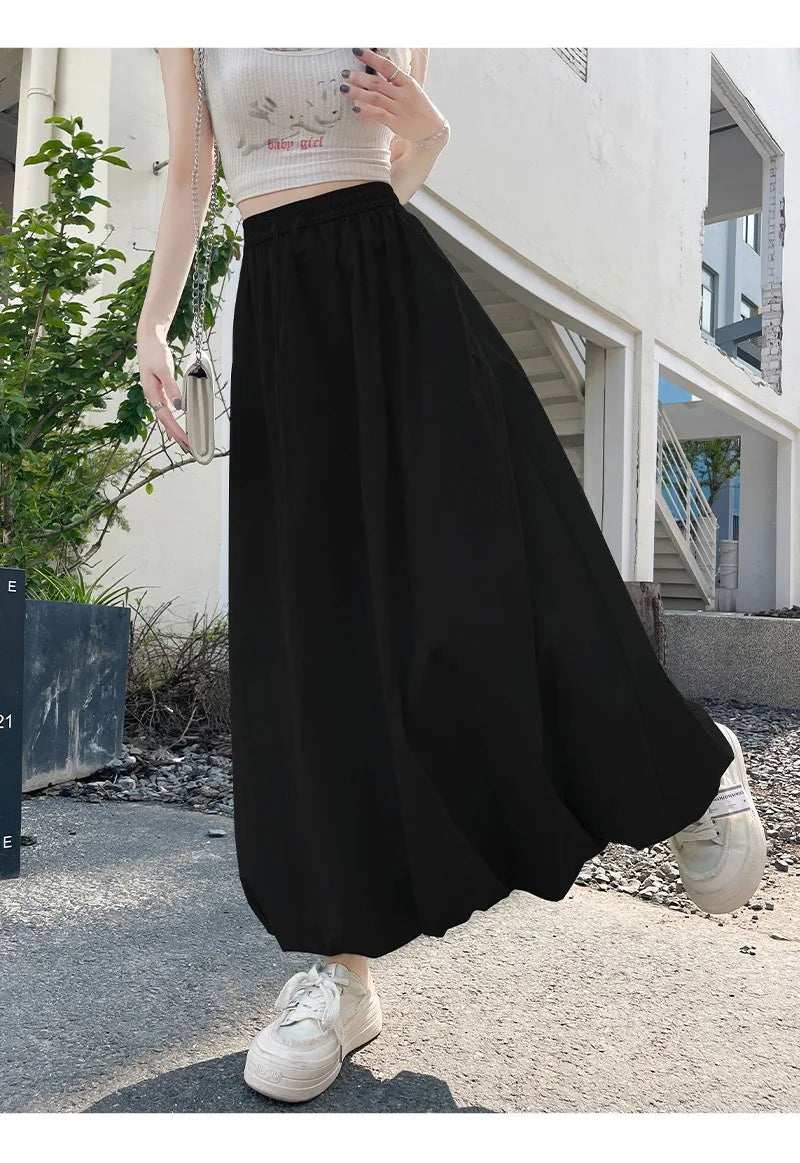 Solid Color Casual Long Skirt For Women 2024 Summer Fashion Women's Bubble Skirt Female Korean High Waist Elastic A-Line Skirt