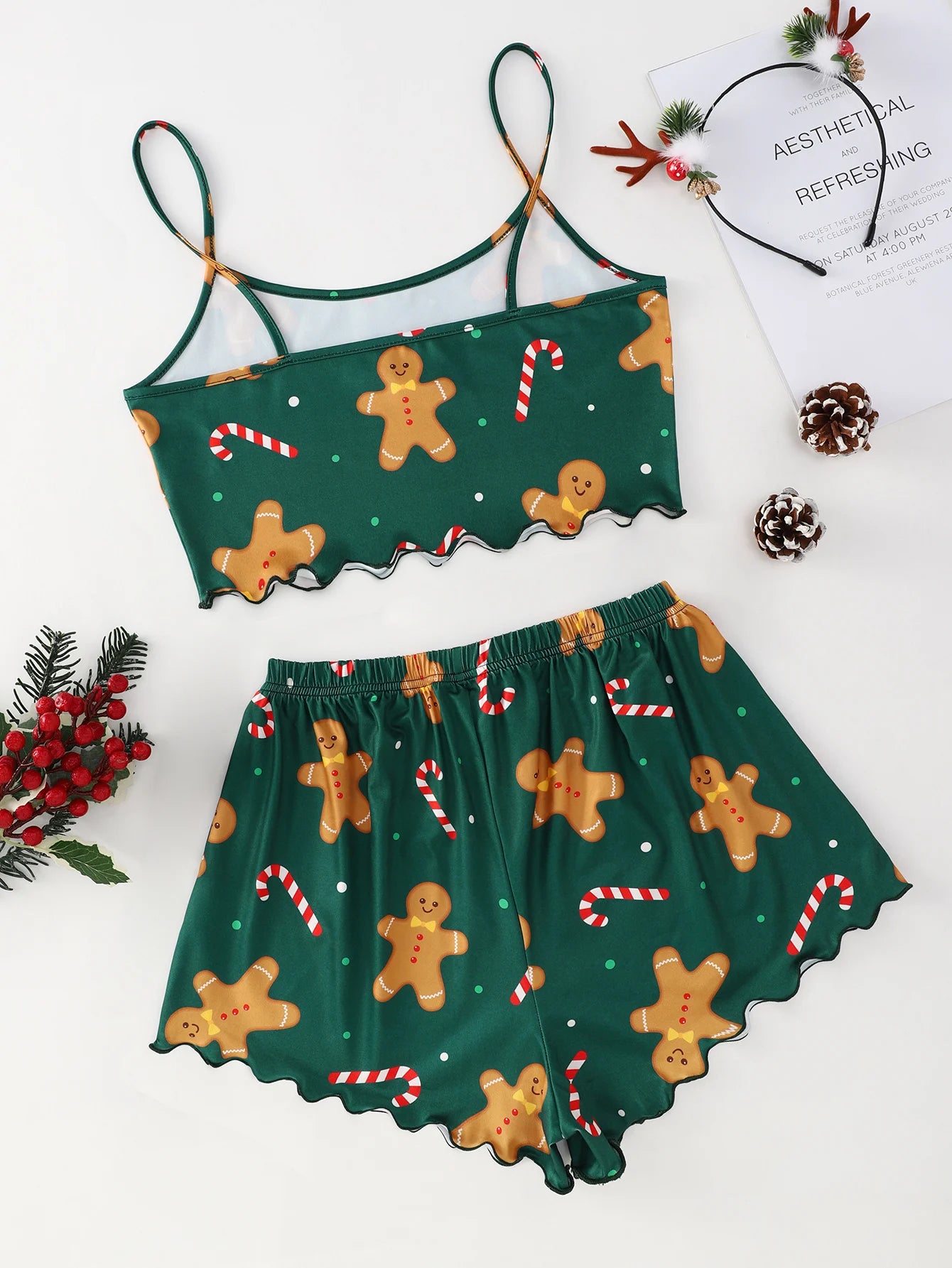 Women's 2pcs Cute Soft Comfy Christmas Set Cartoon  Print Strap Top Santa Claus Shorts Home Suit Sexy Pajamas