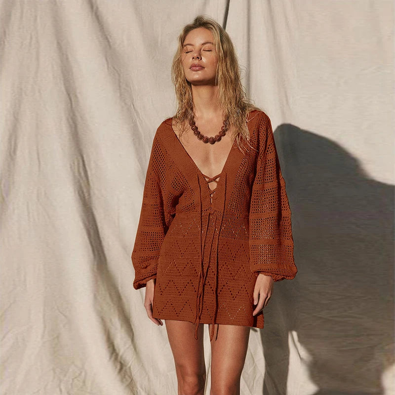 Sexy Deep V-neck Lace-up Bell Sleeve Knit Mesh Hollow Out Beach Mini Dress 2024 Summer Swimsuit Cover Up Women Casual Tunic K14