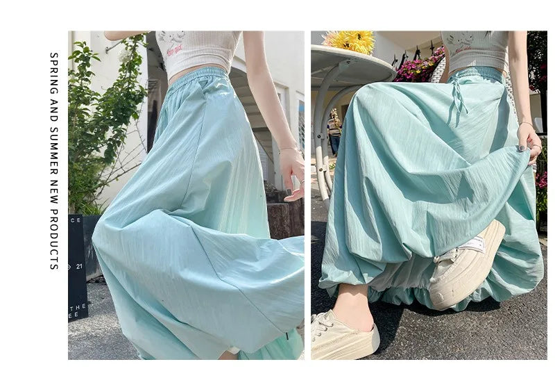 Solid Color Casual Long Skirt For Women 2024 Summer Fashion Women's Bubble Skirt Female Korean High Waist Elastic A-Line Skirt