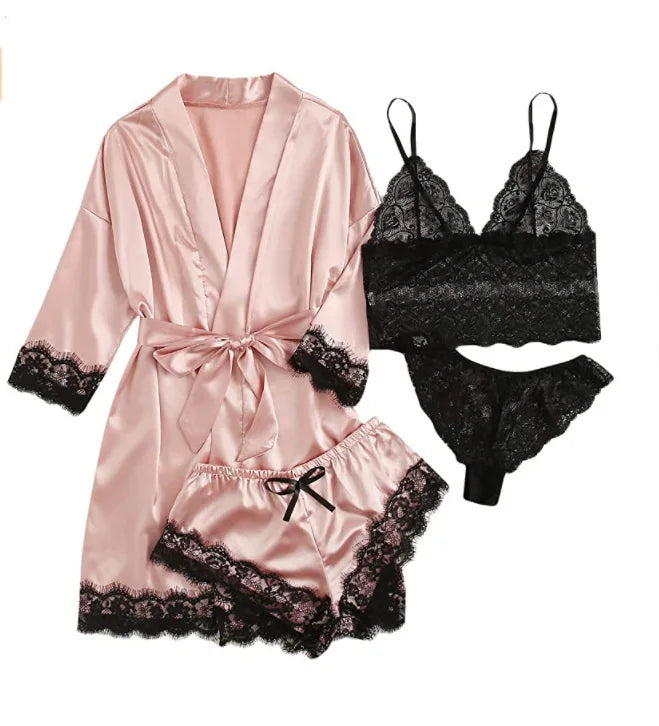 new Women's Sleep Lounge New Pajama Sets European American 4-piece set with lace satin suspender summer set for sleeping pajamas