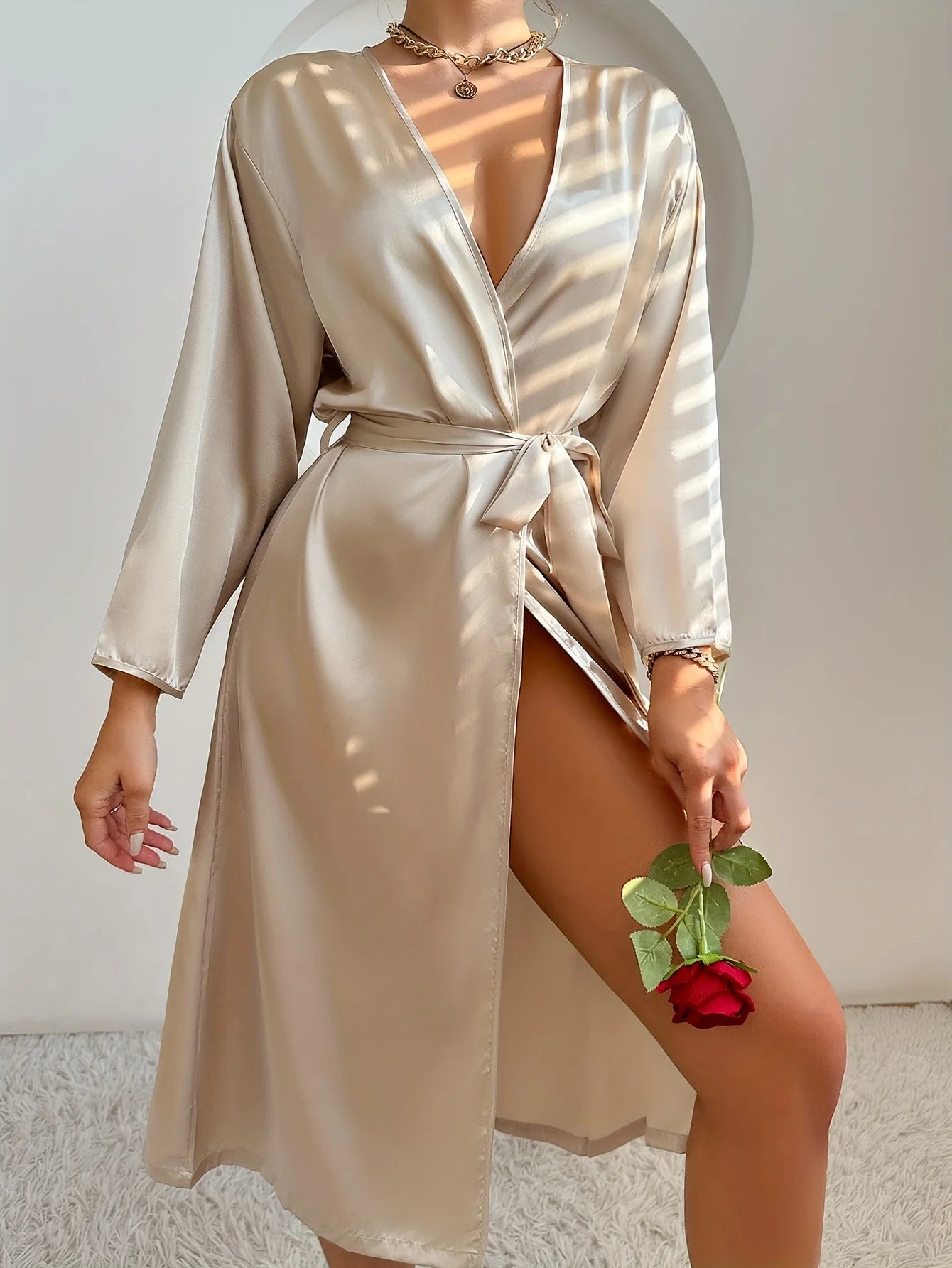 1 Piece of Women's Pure Color Satin Silk Pajamas, Elegant and Romantic Nightgown with Belt, Silky and Comfortable Bathrobe