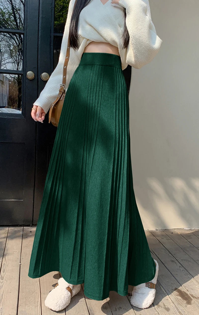 MEXZT Elegant Knitted Midi Skirt Women Fashion High Waist Black Pleated Skirts Fall Winter Ladies Korean Slim A Line Skirt New