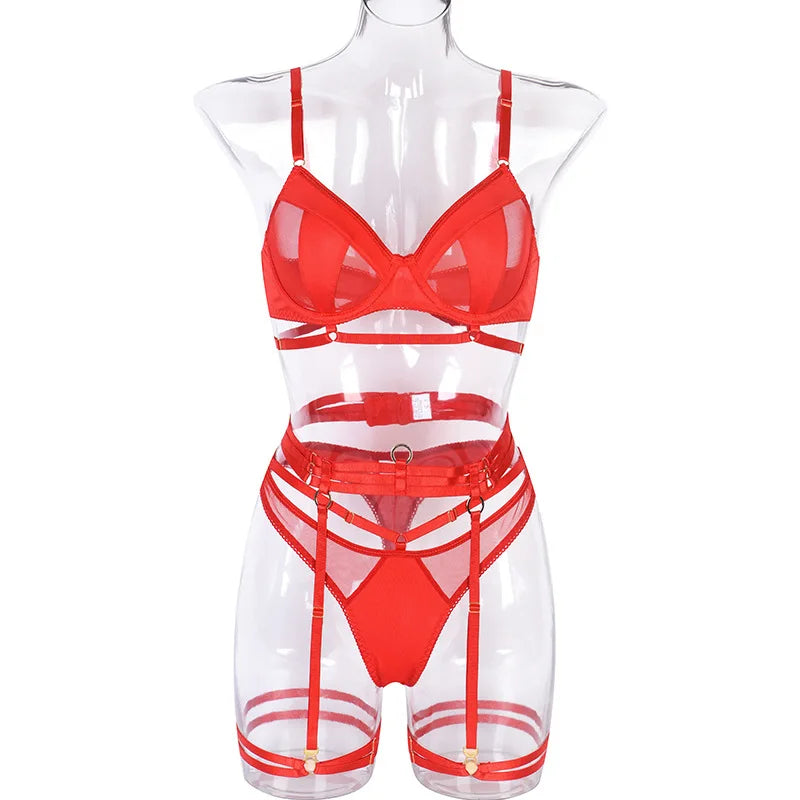 Yimunancy 3-Piece Lingerie Set Women Sexy Erotic Mesh Patchwork Bra + Brief Underwear Set Bandage Garter Kit