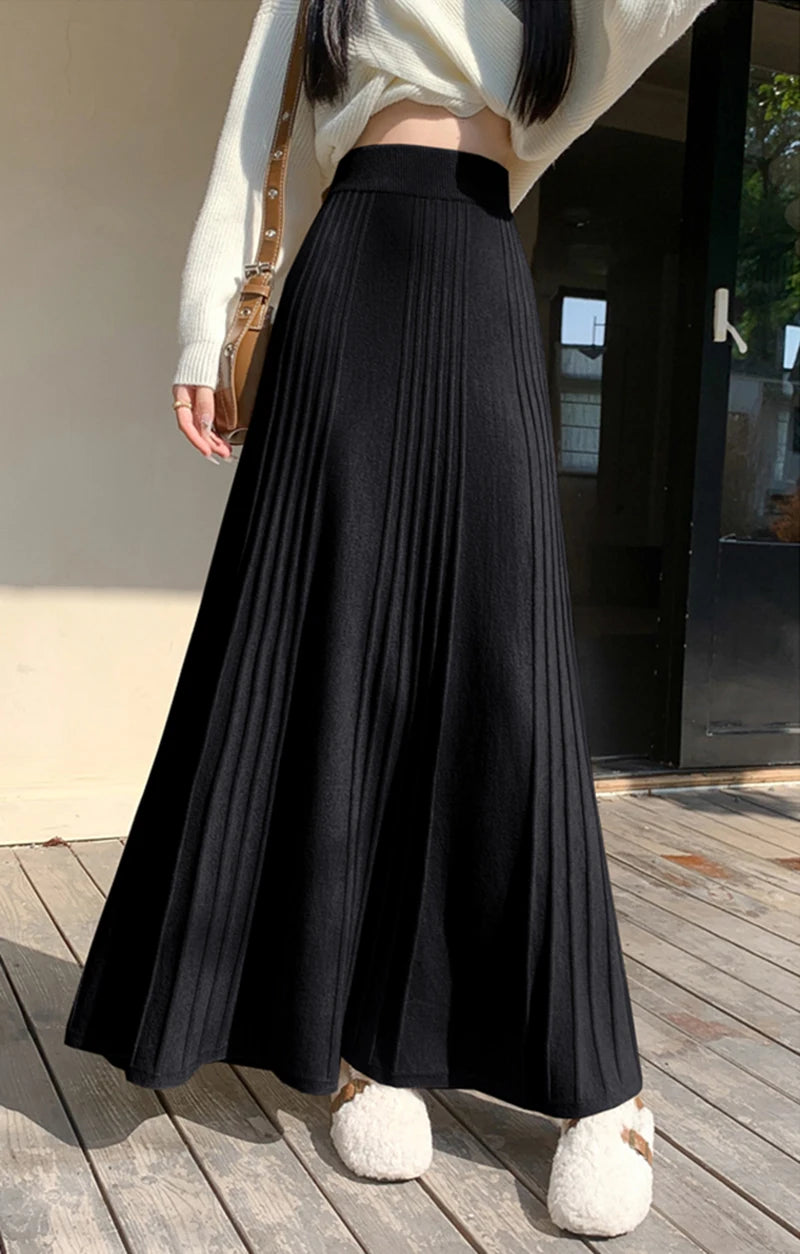 MEXZT Elegant Knitted Midi Skirt Women Fashion High Waist Black Pleated Skirts Fall Winter Ladies Korean Slim A Line Skirt New