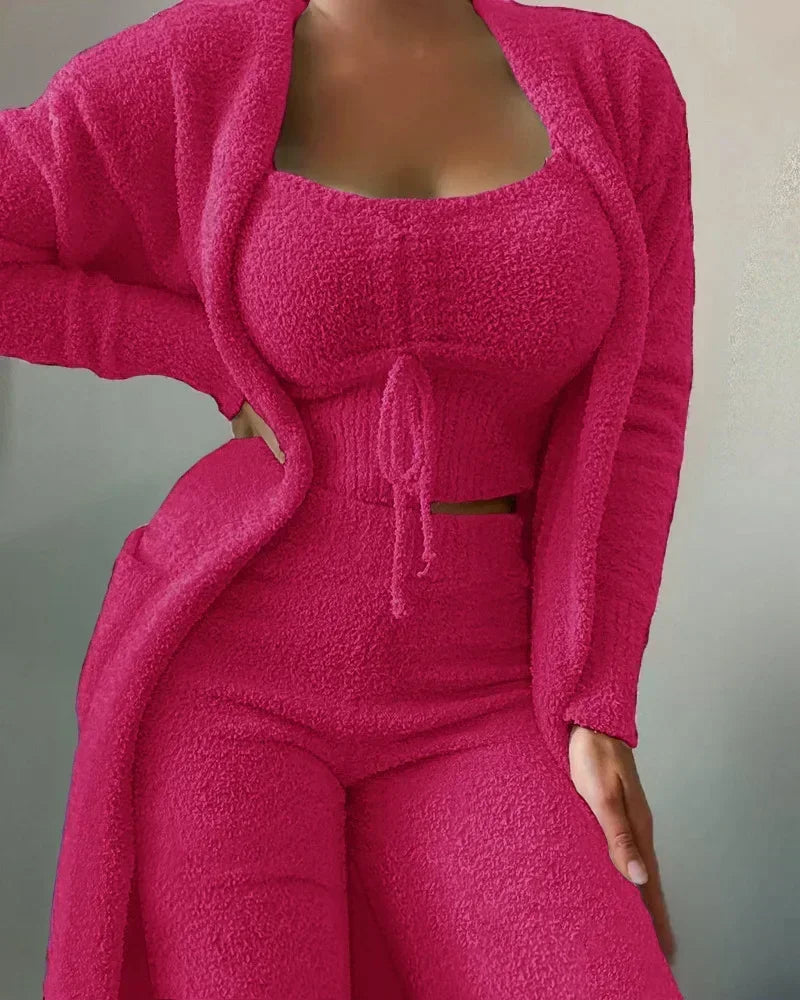 2024 New Autumn Winter Women's Velvet Pajamas Set Crop Top+Long Pants+Coat 3 Pieces Suit Warm Soft Fleece Homewear Pyjamas S-3XL