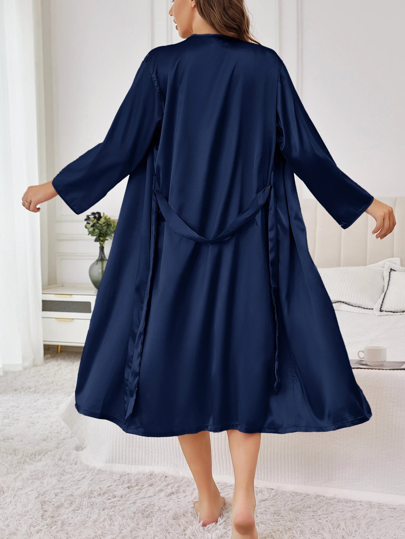 1 Piece of Women's Pure Color Satin Silk Pajamas, Elegant and Romantic Nightgown with Belt, Silky and Comfortable Bathrobe