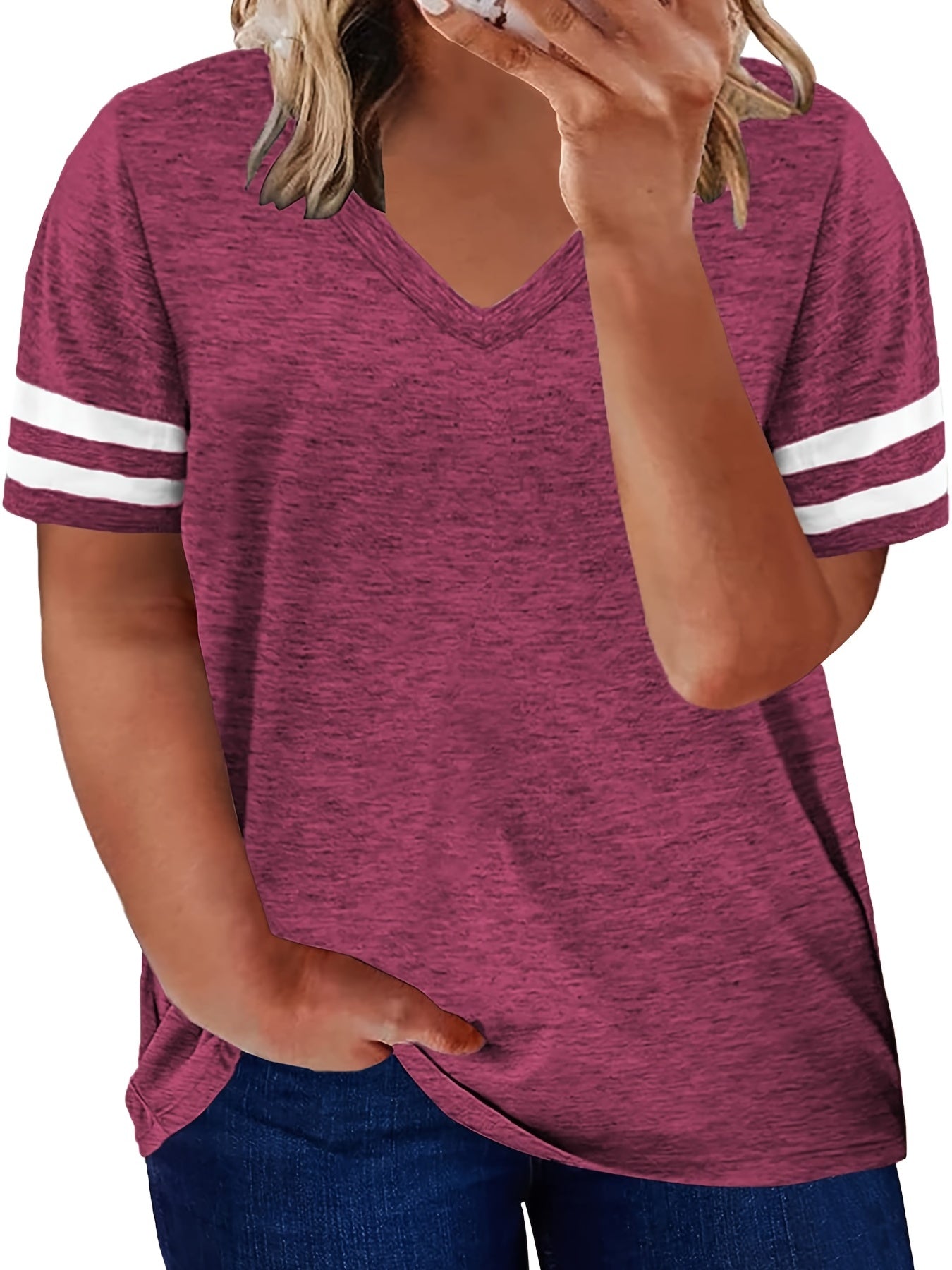 Plus Size Colorblock V Neck T-shirt, Women's Plus Slight Stretch Short Sleeve Casual Tee Plus Size Women Clothing