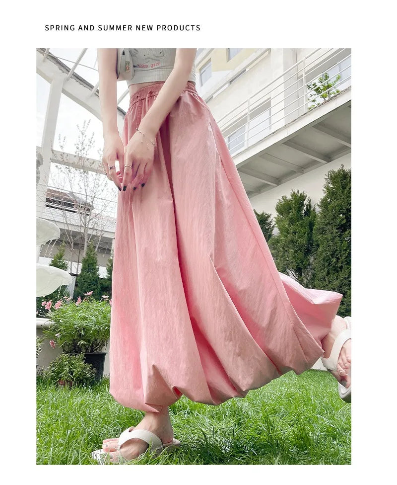 Solid Color Casual Long Skirt For Women 2024 Summer Fashion Women's Bubble Skirt Female Korean High Waist Elastic A-Line Skirt