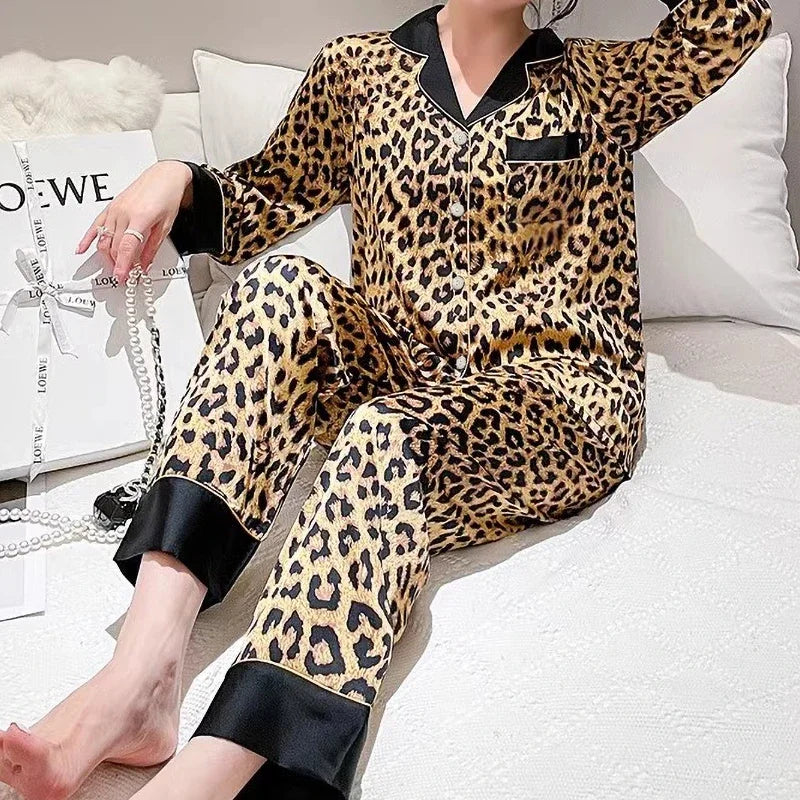 Europe & American Retro Leopard Women's Pajamas Elegant Trendy Print Lazy Fashion Sleepwear 2024 New Summer 2pcs Casual Homewear