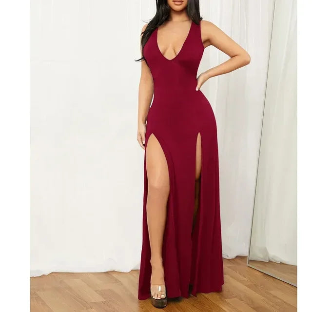 New Low-Cut V-Neck Sleeveless Double Slit Sexy Black Suspender Floor-Length Dress High-Waisted Women's Cocktail Party Long Dress