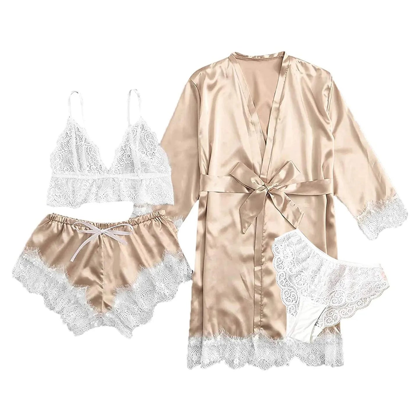 new Women's Sleep Lounge New Pajama Sets European American 4-piece set with lace satin suspender summer set for sleeping pajamas