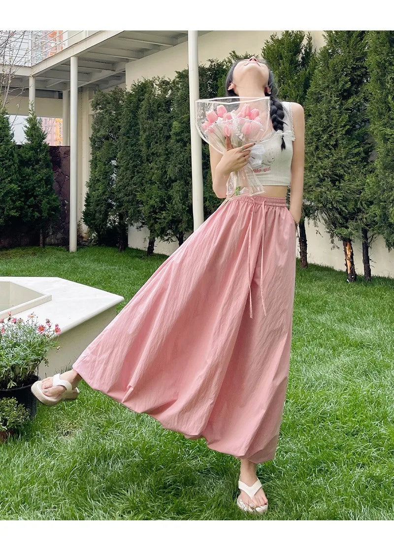 Solid Color Casual Long Skirt For Women 2024 Summer Fashion Women's Bubble Skirt Female Korean High Waist Elastic A-Line Skirt