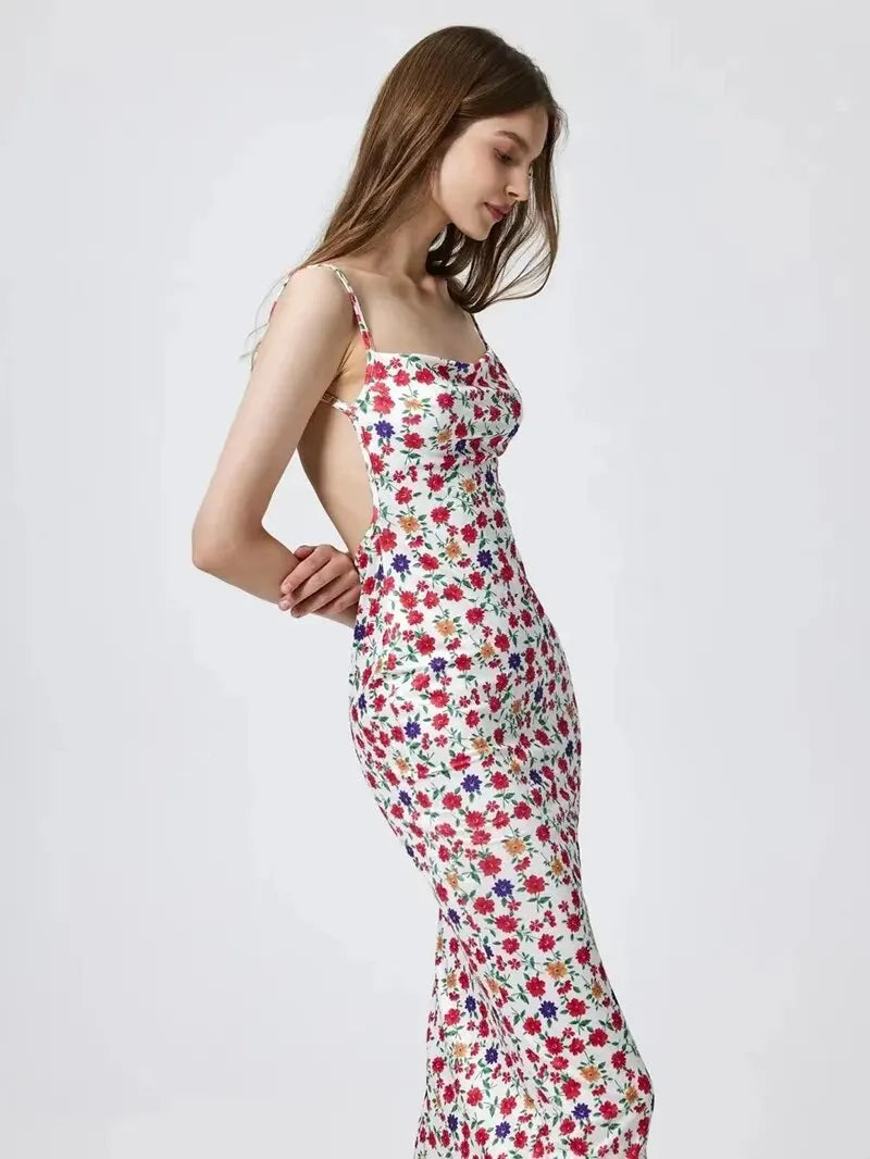 Long Floral Suspender Dress Nsummer Sexy Backless Slimming Beach Dress Fashionable Simple Printed Banquet Women's Clothing