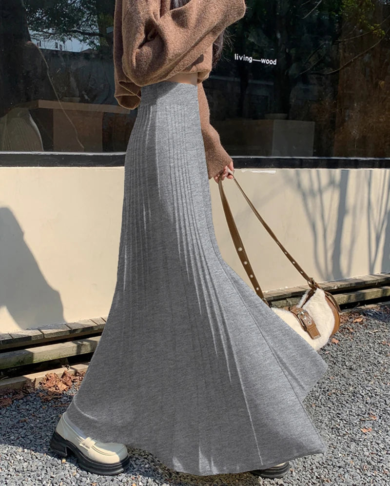 MEXZT Elegant Knitted Midi Skirt Women Fashion High Waist Black Pleated Skirts Fall Winter Ladies Korean Slim A Line Skirt New