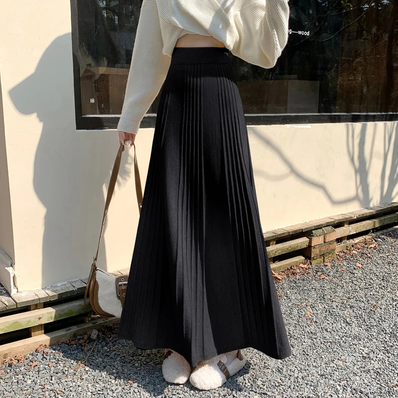 MEXZT Elegant Knitted Midi Skirt Women Fashion High Waist Black Pleated Skirts Fall Winter Ladies Korean Slim A Line Skirt New