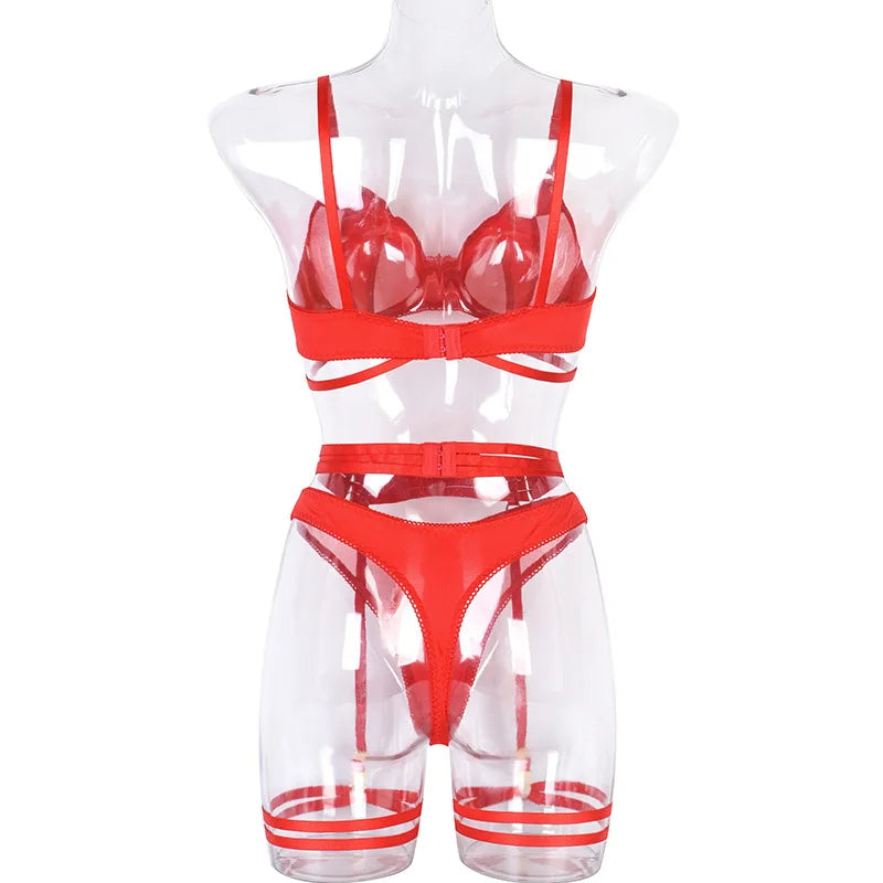 Yimunancy 3-Piece Lingerie Set Women Sexy Erotic Mesh Patchwork Bra + Brief Underwear Set Bandage Garter Kit