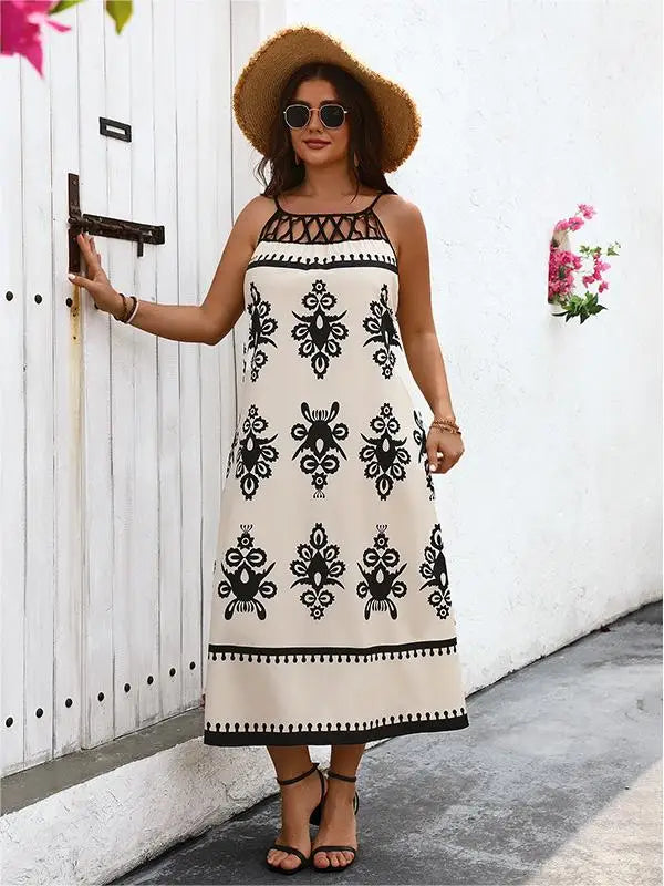 Plus Size Contrast Lace O-Neck Women Dresses Sleeveless A-Line Long Robe Geometric Print Oversized Summer Vacation Clothing